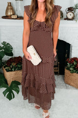 Coffee Polka Dot Print Backless Ruffled Tiered Maxi Dress