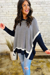 Blue Striped Colorblock Patchwork Dolman Oversize Tunic Sweater