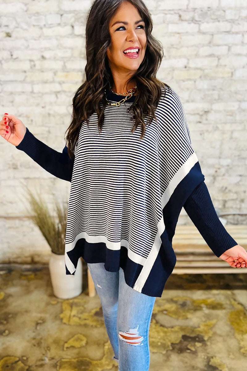 Blue Striped Colorblock Patchwork Dolman Oversize Tunic Sweater