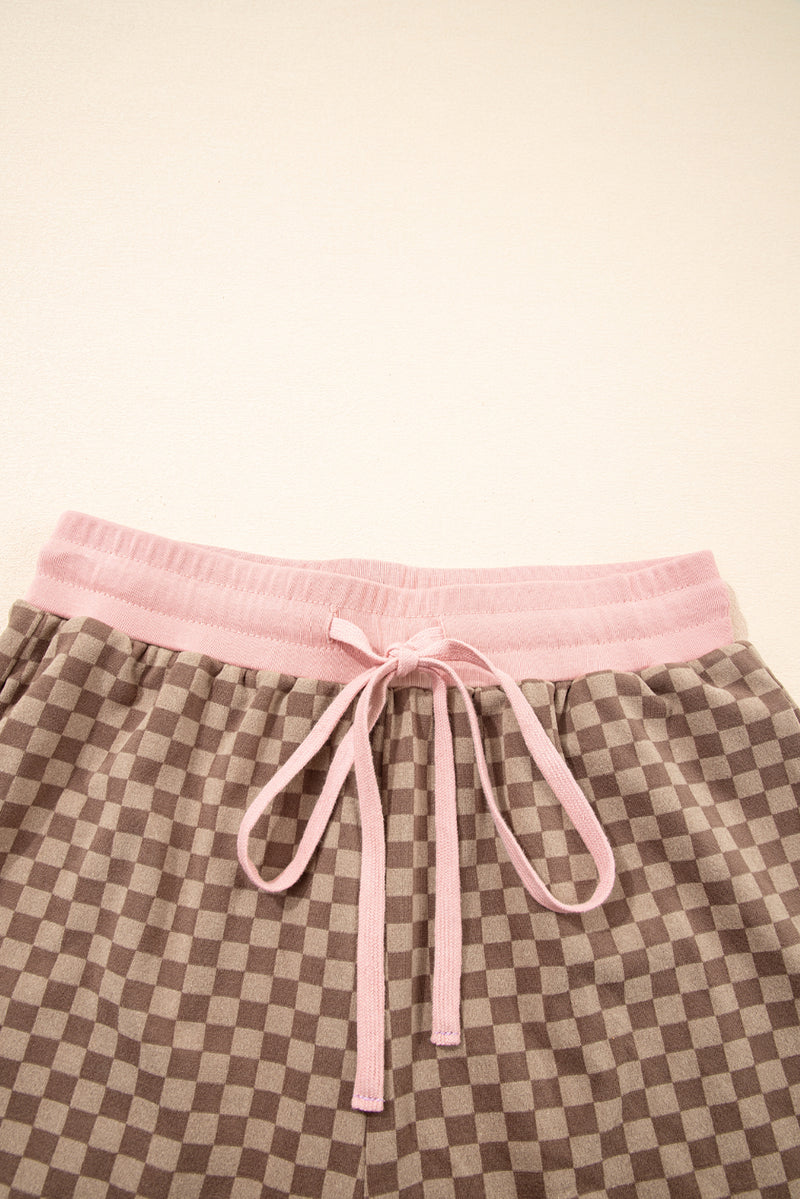 Brown Checkerboard Contrast Trim Long Sleeve Pullover and Shorts Set