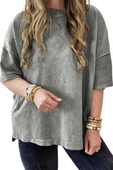 Strawberry Pink Mineral Wash Drop Sleeve Patchwork Plus Size Tee
