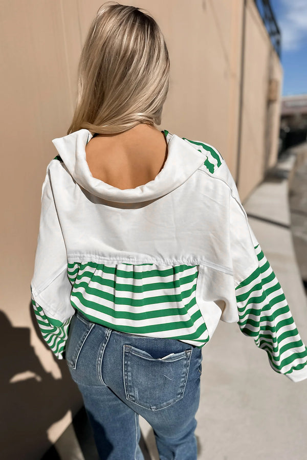Green Striped Colorblock Patchwork Collared V Neck Cropped Pullover