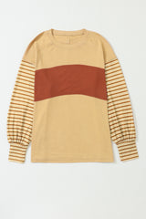 Gray Colorblock Striped Bishop Sleeve Side Slits Top