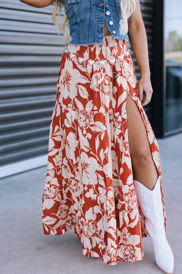 Red High Split Floral Tiered Maxi Skirt