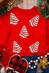 Red Playful Christmas Tree Patch Application Dropped Shoulder Sweatshirt