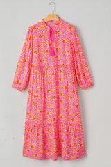 Pink Floral Long Sleeve Tassel Tied V Neck Maxi Dress