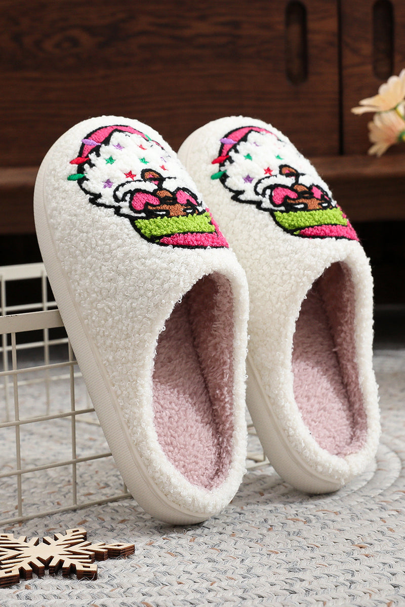 White Starry Santa Claus Pattern Christmas Plush Slippers