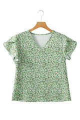 Green Boho Floral V Neck Short Sleeve Blouse