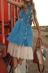 Myosotis Western Belt Detail Button Down Sleeveless Denim Short Dress