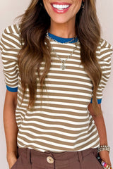 Brown Stripe Short Puff Sleeve Contrast Trim Round Neck Tee