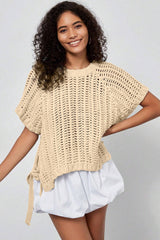 Black Plus Size Open Knit Bow Tie Short Sleeve Sweater