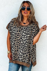 Khaki Leopard Contrast Trim Short Sleeve Loose Plus Size Top