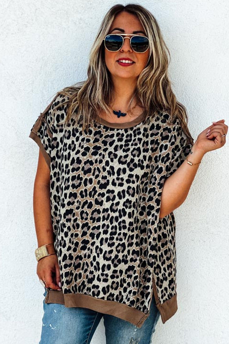 Khaki Leopard Contrast Trim Short Sleeve Loose Plus Size Top