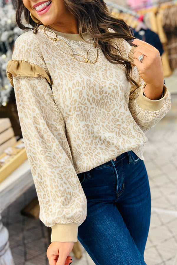 Khaki Ribbed Trim Ruffle Detail Leopard Round Neck Sweatshirt