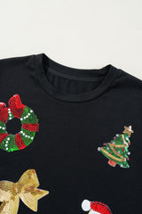 Black Sequin Christmas Graphic Patch Application Crewneck T Shirt