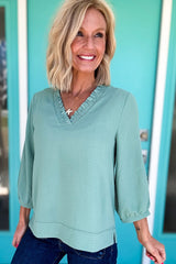 Sky Blue Frill V Neckline Puff Sleeve Crinkled Blouse