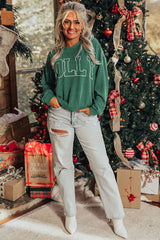 Blackish Green Twisted Rib Merry Letter Graphic Loose Long Sleeve Top