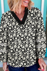 Black Floral Print Contrast V Neck Blouse