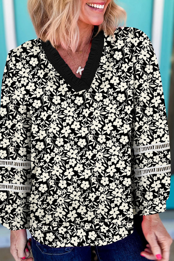 Black Floral Print Contrast V Neck Blouse