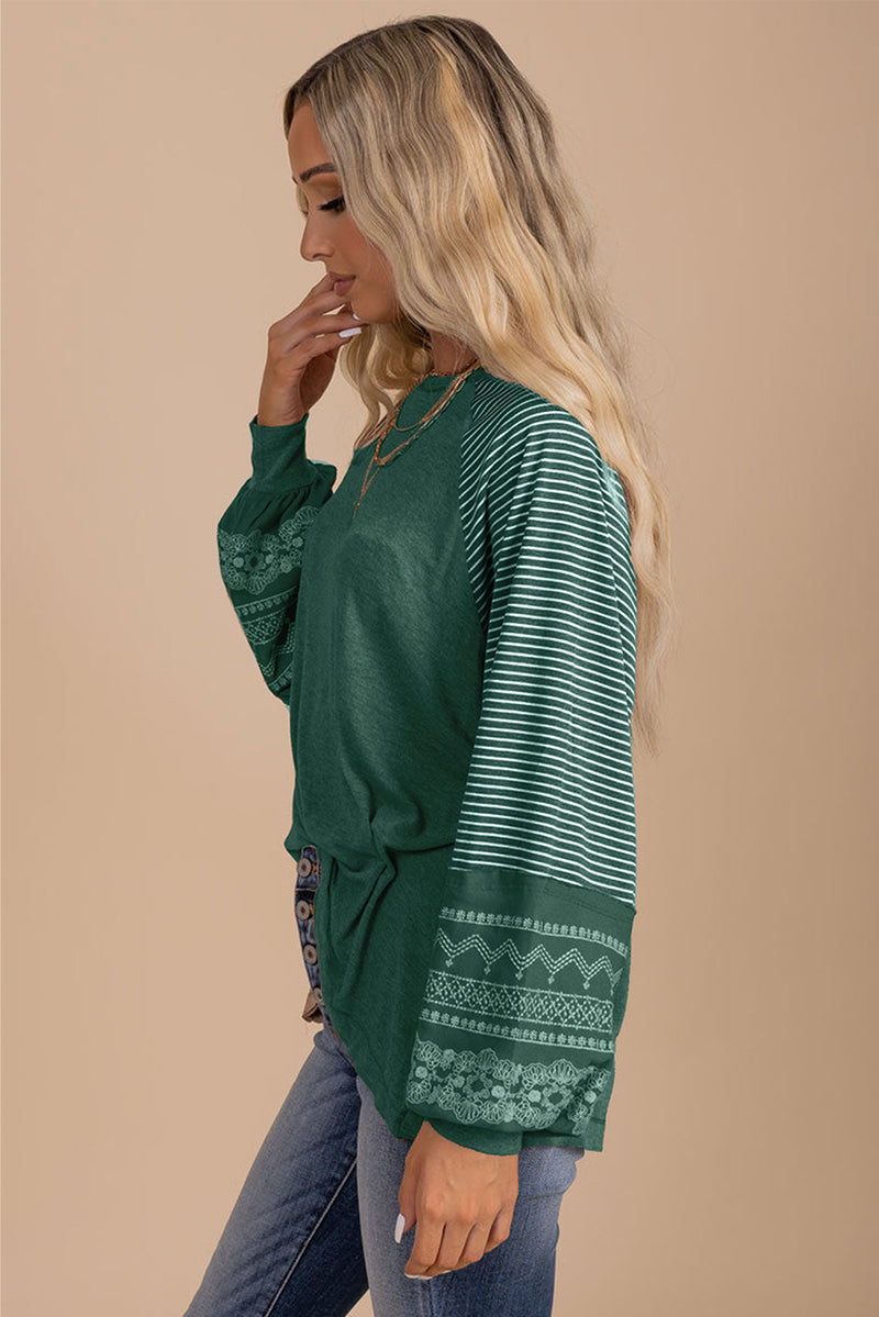Tillandsia Purple Contrast Print Striped Raglan Long Sleeve Loose Top