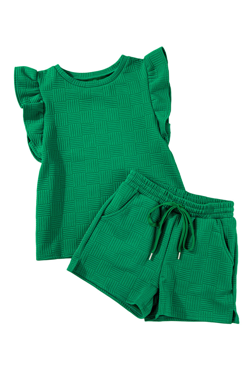 Black Textured Ruffle Sleeve Tee and Drawstring Shorts Set