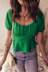 Dark Green Solid Color Ruched Crossed Waist Tied Back Short Sleeve Peplum Top