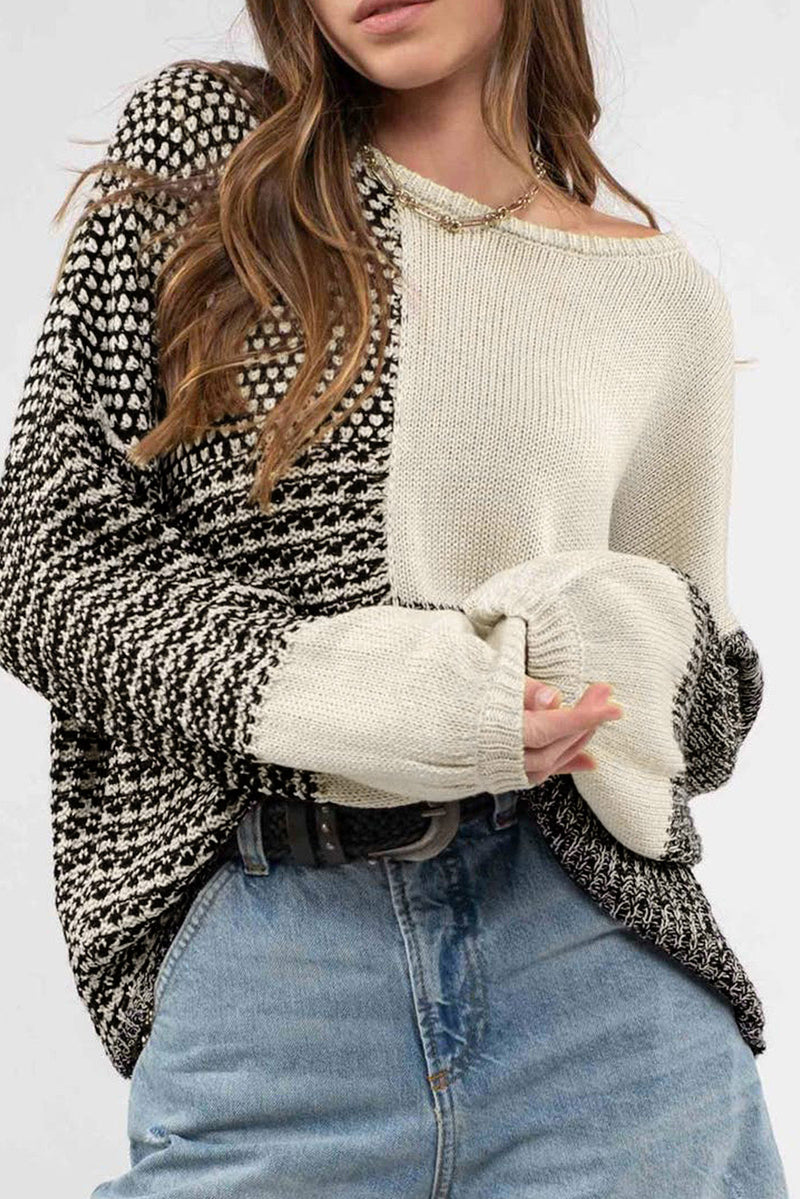 Pink Patchwork Tie Back Drop Shoulder Knit Sweater