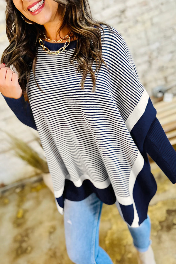 Blue Striped Colorblock Patchwork Dolman Oversize Tunic Sweater