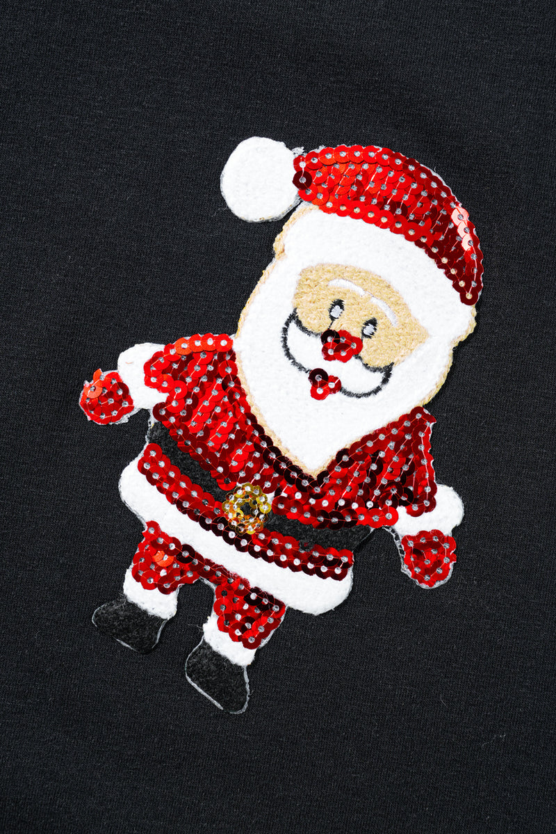 Black Sequin Christmas Graphic Patch Application Crewneck T Shirt