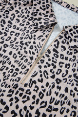 Brown Leopard Half Zipper Collared Ruffle Sleeve Top and Shorts Set