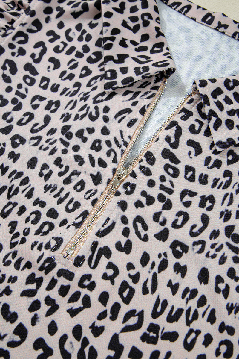 Brown Leopard Half Zipper Collared Ruffle Sleeve Top and Shorts Set
