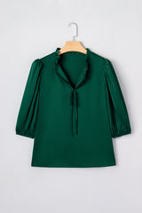 Fiery Red Solid Color Frilled V Neck Bow Detail 3/4 Sleeve Blouse