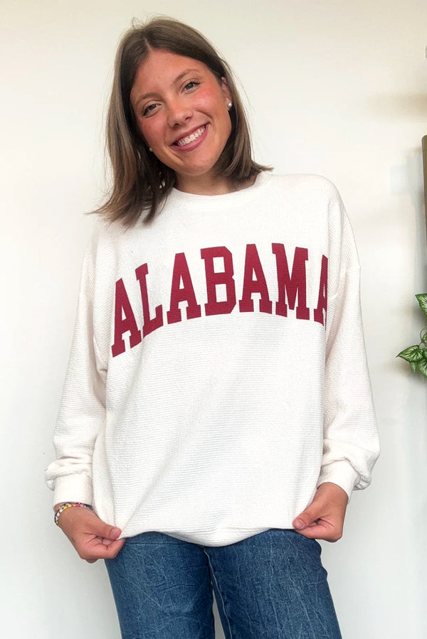 White Alabama Letter Pattern Waffle Knit Long Sleeve Top