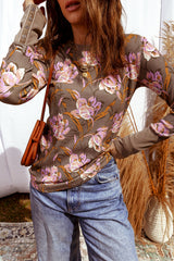 Brown Floral Print Waffle Textured Long Sleeve Top