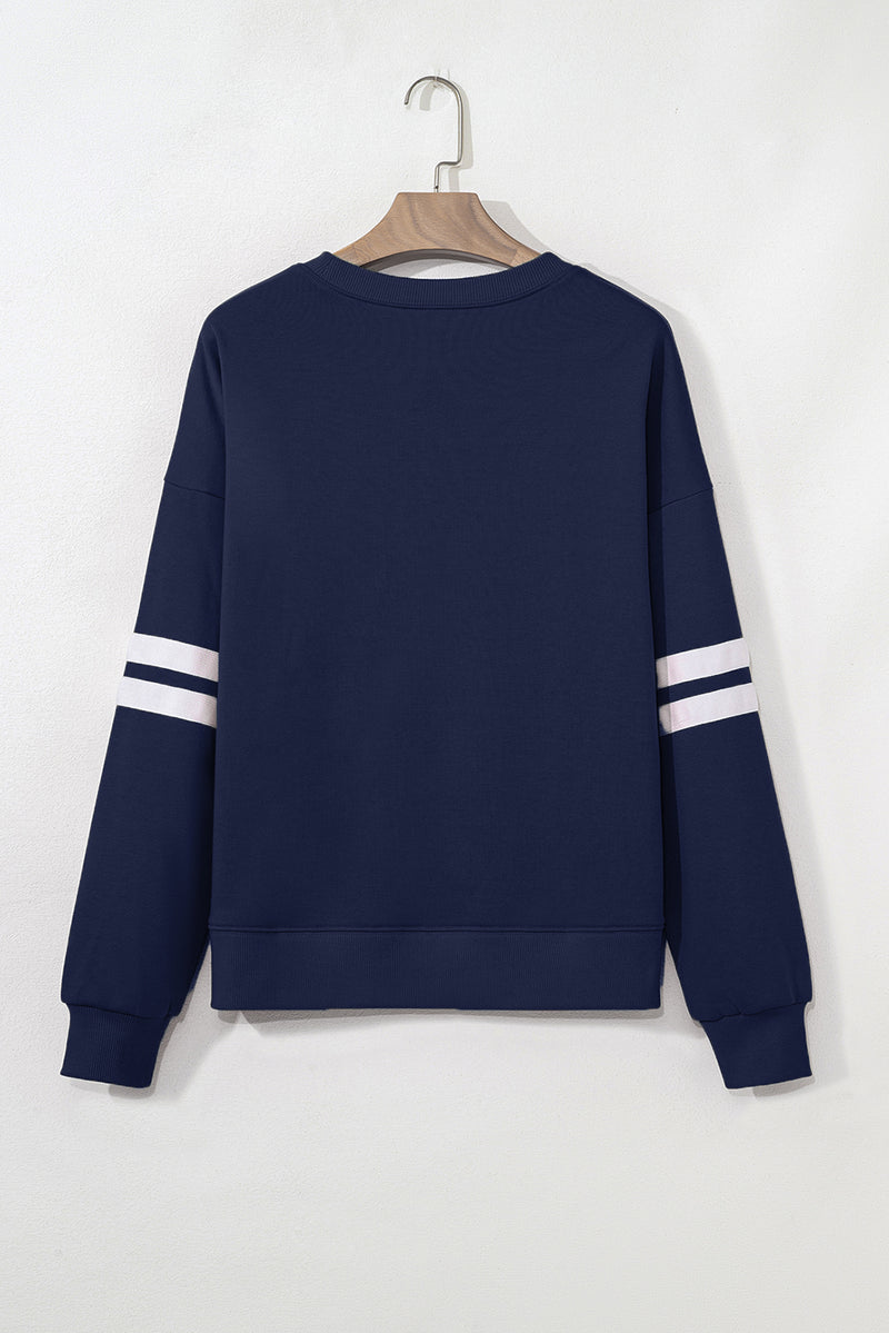 Navy Blue Game Day Chenille Checkered Letter Patch Application Oversized Varsity Sweatshirt