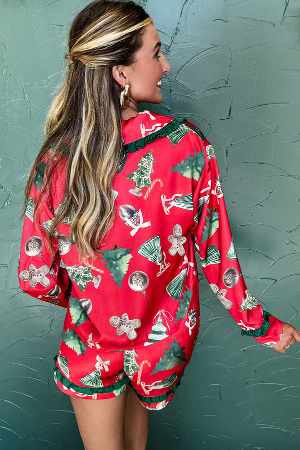 Red Christmas Print Contrast Frill Trim Ribbon Bow Pajama Set