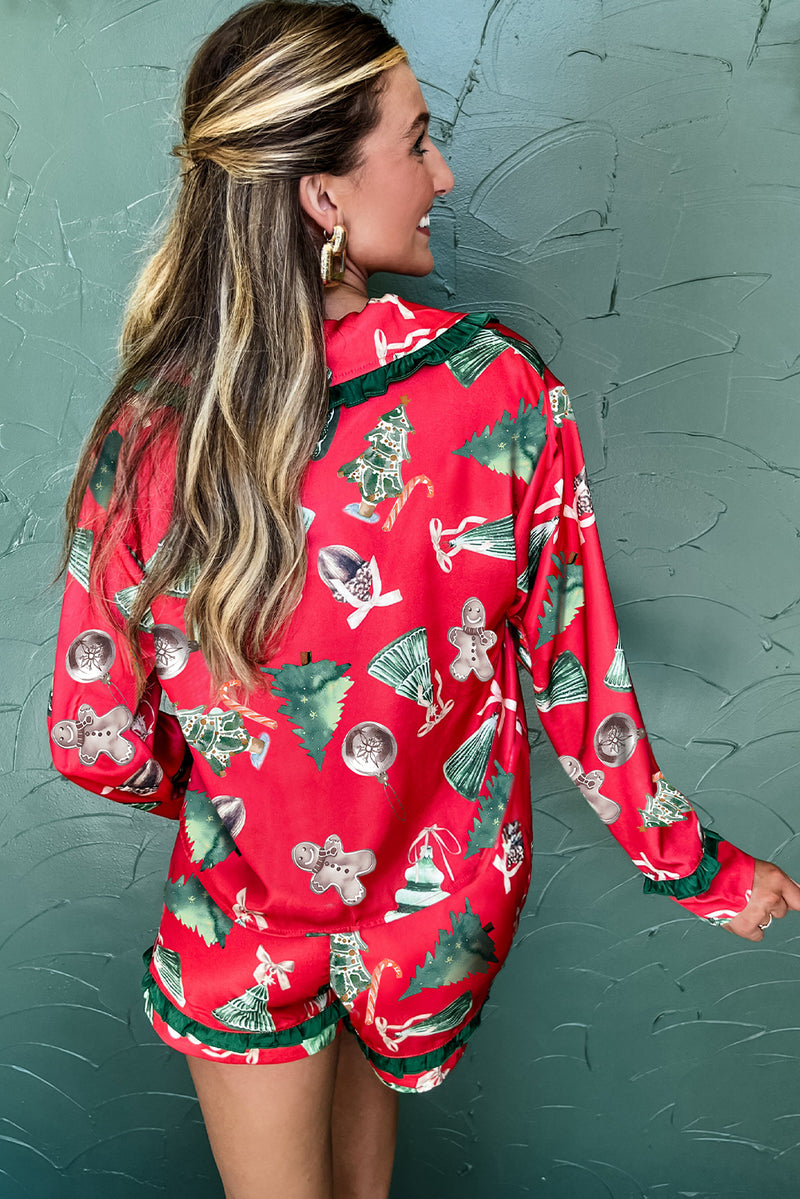 Red Christmas Print Contrast Frill Trim Ribbon Bow Pajama Set