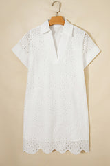 White Solid Color Eyelet Embroidered T Shirt Mini Dress