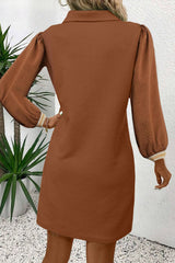 Chestnut Textured Contrast Striped Split Neck Long Sleeve Mini Dress