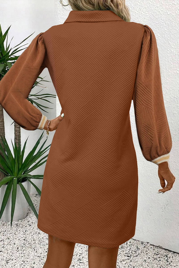 Chestnut Textured Contrast Striped Split Neck Long Sleeve Mini Dress