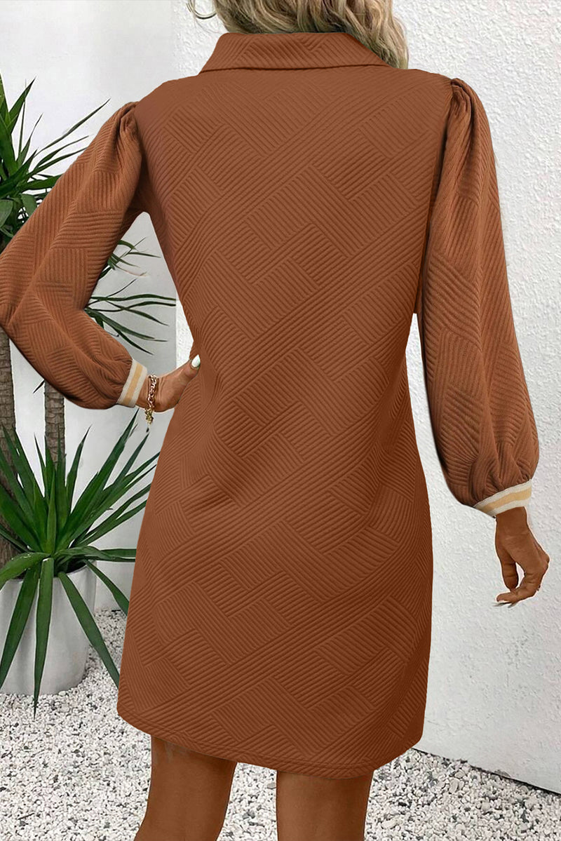Chestnut Textured Contrast Striped Split Neck Long Sleeve Mini Dress