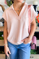 Light Pink Collared V Neck Ribbed Tee