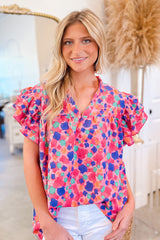 Rose Red Abstract Print Ruffle Sleeve V Neck Blouse