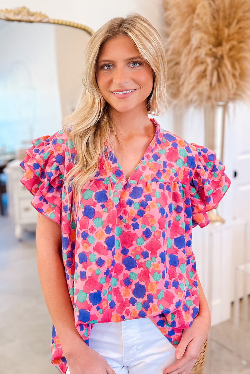 Rose Red Abstract Print Ruffle Sleeve V Neck Blouse