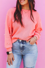 Blossom Pearl Sleeves Ribbed Pullover Sweatshirt