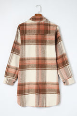 Brown Plaid Casual Button Up Long Shacket with Flap Pockets