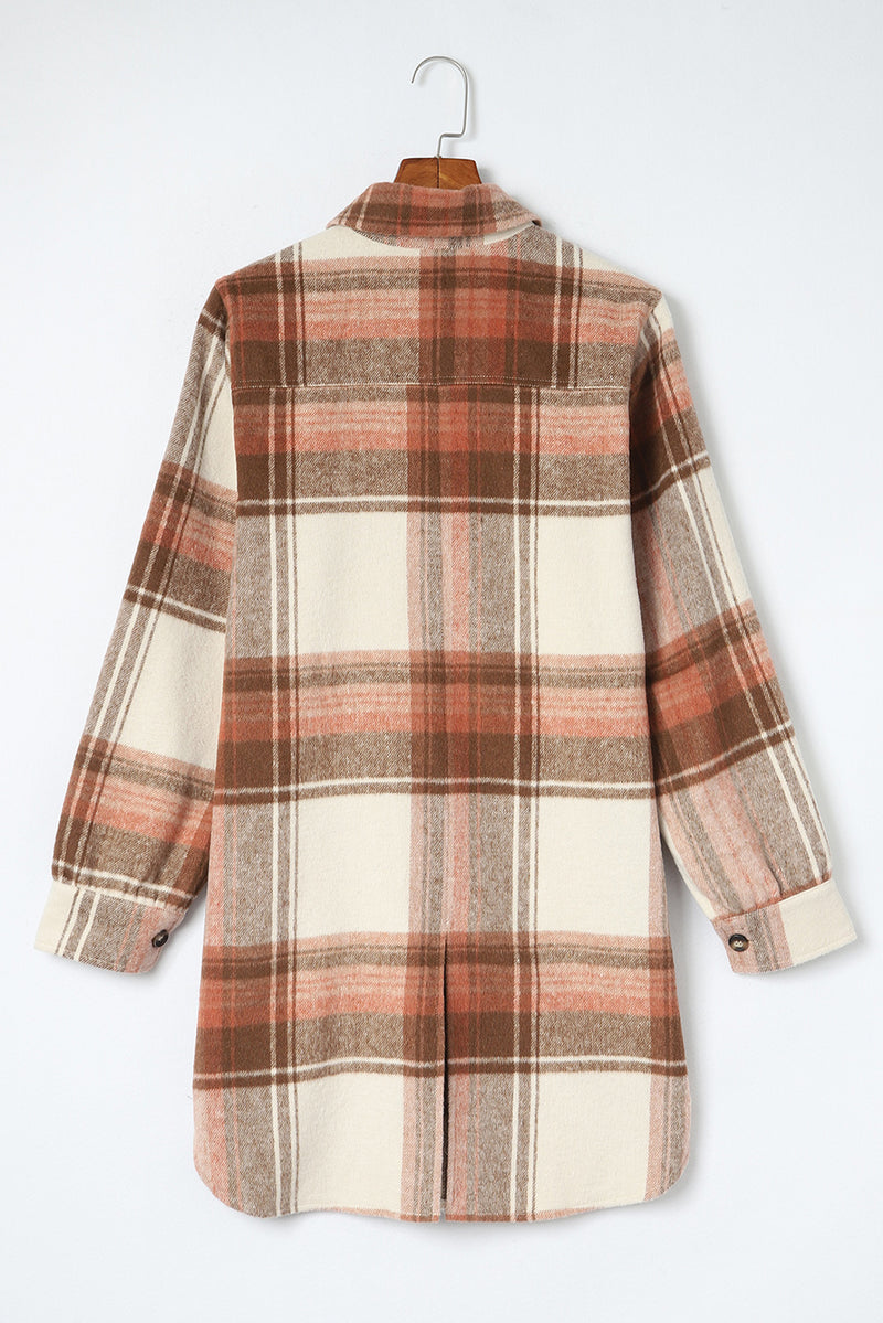 Brown Plaid Casual Button Up Long Shacket with Flap Pockets