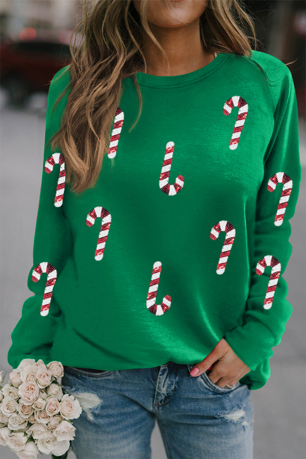 Green Christmas Candy Cane Graphic Sequins Patch Pullover Sweatshirt