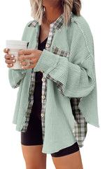 Grass Green Plaid Patchwork Waffle Thermal Knit Shacket