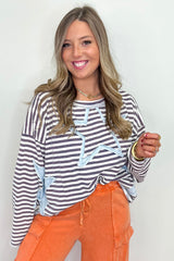 Gray Striped Star Patch Drop Shoulder Long Sleeve Top